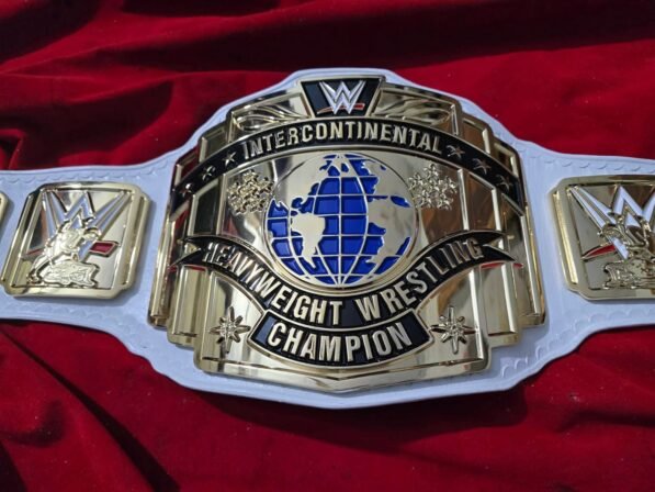 WWE Intercontinental Championship Belt front view showing center buckle plate with gold plating, 4mm zinc construction, and classic design
