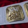 WWE Intercontinental Championship Belt side profile showing 6mm genuine cowhide leather strap thickness, 4mm zinc plate depth, and snap fasteners