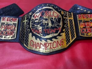 ECW World Tag Team Championship Belt WWE Hardcore Edition close plate detail brass
