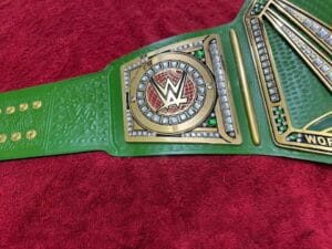 Custom side plates of WWE World Heavyweight Championship replica belt with WWE Superstar-themed brass gold-tone dual plate design by Absolute Belts