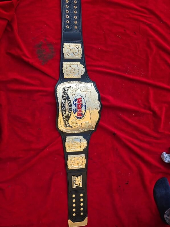 WWF World Tag Team Championship Belt full length display with hand-tooled leather strap adult size