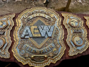 AEW MJF World Championship Replica Belt full view – 4-layer zinc CZ stones gold plating
