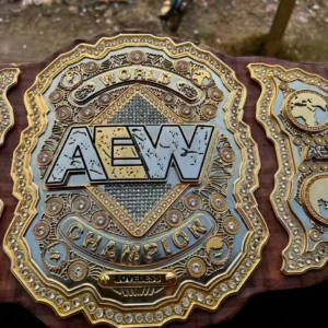 AEW MJF World Championship Replica Belt full view – 4-layer zinc CZ stones gold plating