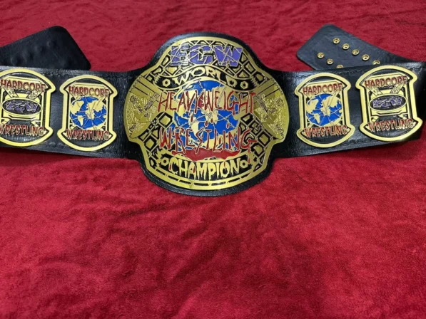 ECW world heavyweight championship replica title belt full view leather brass