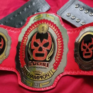 Lucha Underground Trios championship belt full view brass gold plated leather replica