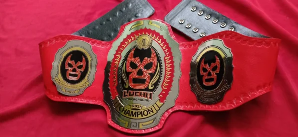 Lucha Underground Trios championship belt full view brass gold plated leather replica