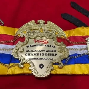Muhammad Ali Ring Magazine Championship Belt center plate close up gold etching detail