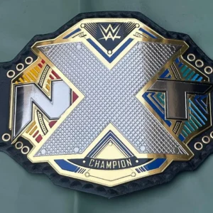 WWE NXT championship belt replica close view of gold plated zinc metal main plate
