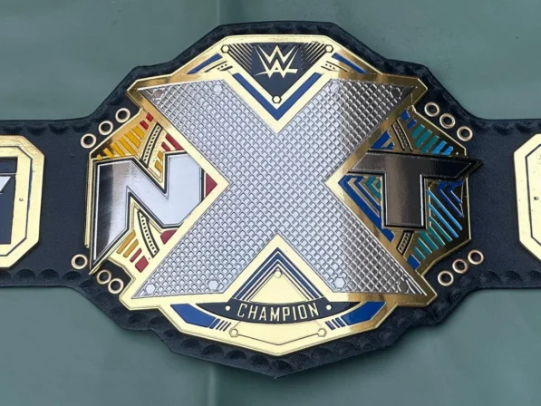 WWE NXT championship belt replica close view of gold plated zinc metal main plate