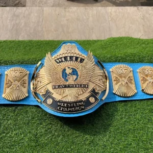WWF Winged Eagle Championship Belt full layout showing complete 50-inch length with winged eagle plate, side plates, blue leather, CNC details