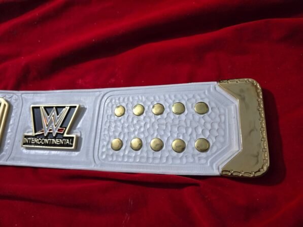 WWE Intercontinental Championship Belt strap view showing 6mm genuine cowhide leather texture, snap fasteners, and 50-inch length detail