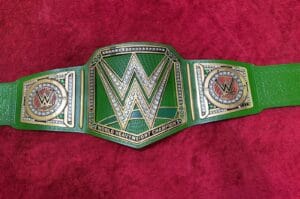 Green genuine leather strap of custom replica WWE World Heavyweight Championship belt with snap closure by Absolute Belts