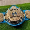WWF Winged Eagle Championship Belt replica front view showing winged eagle center buckle with gold plating, 4mm CNC zinc, and blue leather