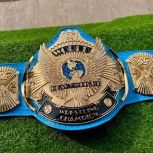 WWF Winged Eagle Championship Belt replica front view showing winged eagle center buckle with gold plating, 4mm CNC zinc, and blue leather