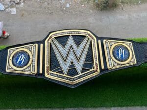 WWE World Heavyweight replica belt full view – 24K gold plated CNC plates with leather strap