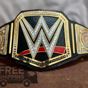 WWE World Heavyweight Wrestling Championship Title Belt front view showing center buckle plate with gold finish and 2mm brass construction