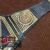 WWE World Heavyweight Championship Belt side profile showing genuine leather strap thickness, 2mm brass plate depth, and snap closure system