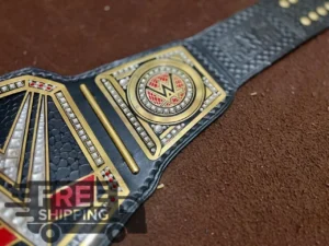 WWE World Heavyweight Championship Belt side profile showing genuine leather strap thickness, 2mm brass plate depth, and snap closure system