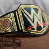 WWE World Heavyweight Championship Belt side profile showing genuine leather strap thickness, 2mm brass plate depth, and snap closure system