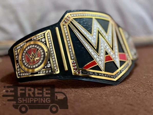 WWE World Heavyweight Championship Belt side profile showing genuine leather strap thickness, 2mm brass plate depth, and snap closure system