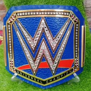 Blue universal championship commemorative title belt replica with 2mm brass plates and premium leather strap