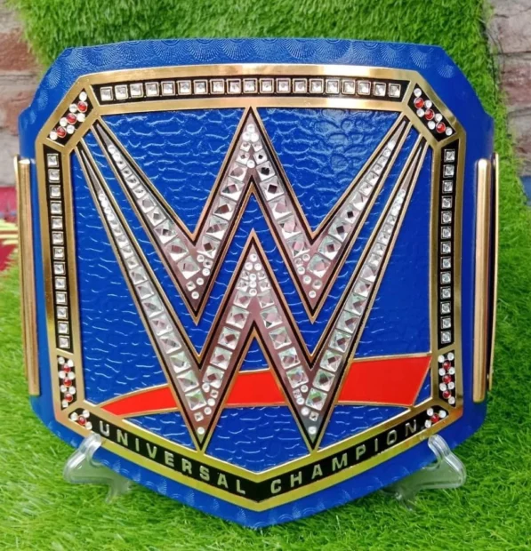 Blue universal championship commemorative title belt replica with 2mm brass plates and premium leather strap