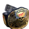 Stone Cold Smoking Skull Belt side profile showing genuine leather strap thickness, 2mm brass plate depth, and snap closure system