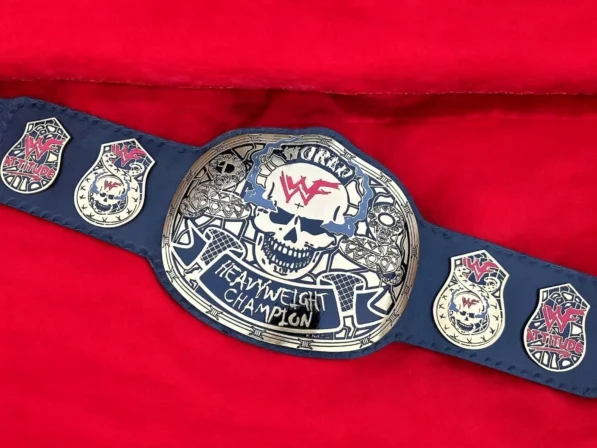 Stone Cold WWF Smoking Skull Belt front view showing skull buckle center plate with silver finish and 2mm brass WWE championship design