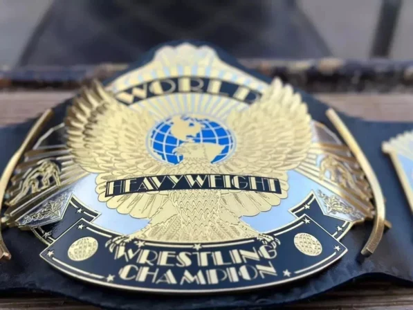 WWF winged eagle dual plated belt 2mm brass metal plates championship design close up detail wrestling