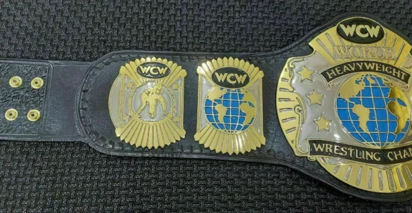 WCW world heavyweight championship replica belt genuine leather strap snap closure 46 inch length wrestling title
