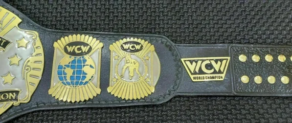 WCW world heavyweight championship replica belt genuine leather strap snap closure 46 inch length wrestling title