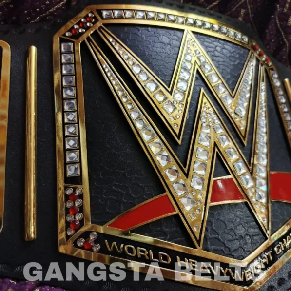 Side view of WWE American Nightmare Championship Belt showing brass plate thickness and leather strap construction