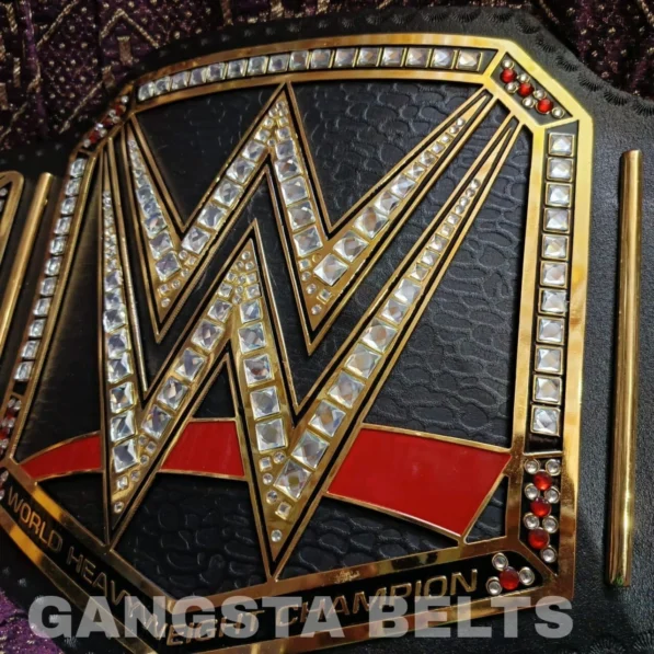 Side view of WWE American Nightmare Championship Belt showing brass plate thickness and leather strap construction