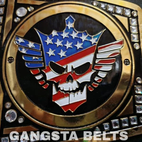 Close-up detail of WWE American Nightmare Championship Belt brass engraving, gold finish texture, and craftsmanship quality