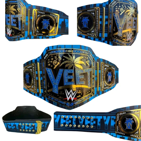 YEET Belt front view showing center plate with gold finish, 2mm brass construction, and authentic WWE Jey Uso championship design