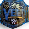 Close-up detail of YEET Belt showing 2mm brass plate engraving, gold finish texture, leather stitching, and Jey Uso championship quality