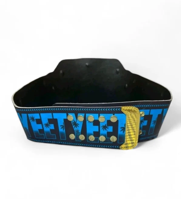 YEET Belt full layout showing complete 46-inch length with center plate, side plates, genuine leather strap, and WWE Jey Uso design