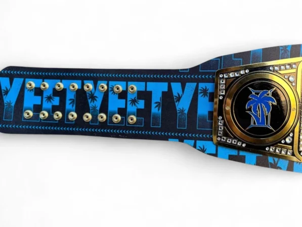 YEET Belt side profile showing genuine leather strap thickness, 2mm brass plate depth, and snap closure system