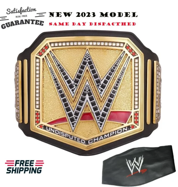 WWE Undisputed Championship Belt front view showing center plate with gold finish, 2mm brass construction, and authentic champion design