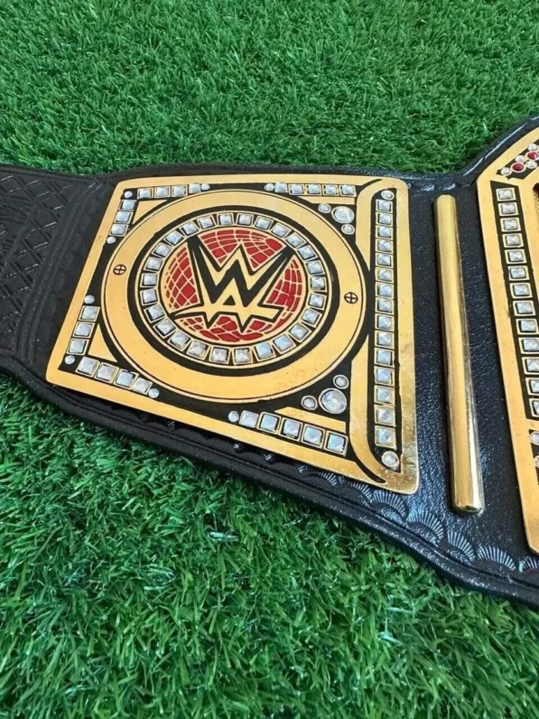 WWE Undisputed Championship Belt side profile showing genuine leather strap thickness, 2mm brass plate depth, and snap closure system