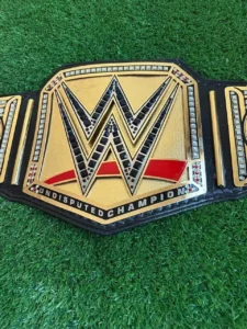 WWE Undisputed Championship Belt replica front view showing center plate with gold finish, 2mm brass construction, and authentic champion design