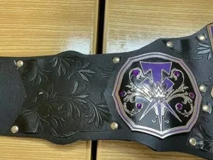 Undertaker Championship Belt side profile showing genuine leather strap thickness, brass plate depth, and snap closure system"