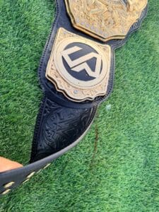 Interchangeable side plates of WWE World Heavyweight Championship replica belt showing custom gold-tone dual plate design by Absolute Belts