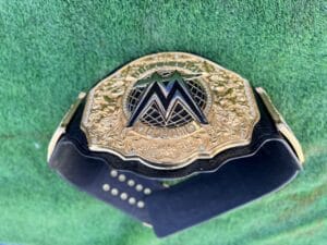 Close-up of WWE World Heavyweight Championship replica belt center plate with gold-tone plating 300 acrylic rhinestones and World Champion engraving