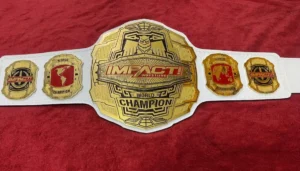 TNA Impact World wrestling Heavyweight Champion Belt with 4mm brass plates and white leather strap.