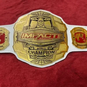 TNA Impact World wrestling Heavyweight Champion Belt with 4mm brass plates and white leather strap.