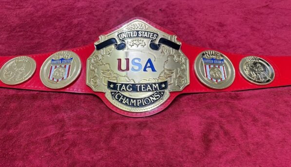 NWA US Tag Team Championship Belt center plate 4mm brass gold plating detail closeup