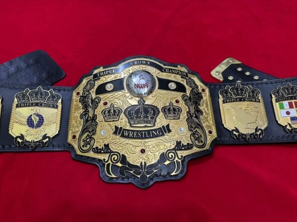 NWA TRIPLE Crown  Championship Belt  4mm brass , Gold Plated,real Leather