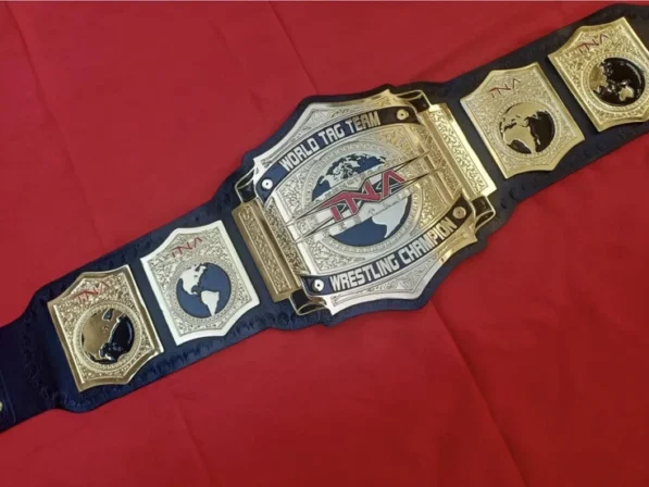 TNA World Tag Team Championship Belt full length all brass plates visible heavyweight complete