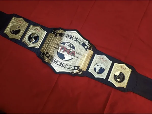 TNA World Tag Team Championship Belt full length all brass plates visible heavyweight complete